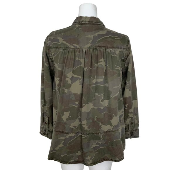 Anthropologie Montana Camo Buttondown Blouse 4P Petite Green Long Sleeve Fall - Picture 2 of 12